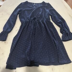 Women’s L Navy Blue Swiss Dot Mini Dress Long Sleeve Tie Waist Sheer Sleeve